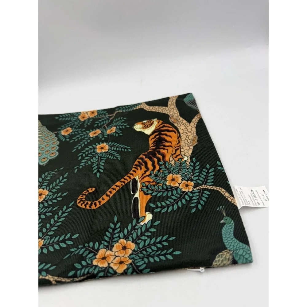 NEW Tiger and Peacock Jungle Pillow Cover Case Modern White Lane 12x12in x2